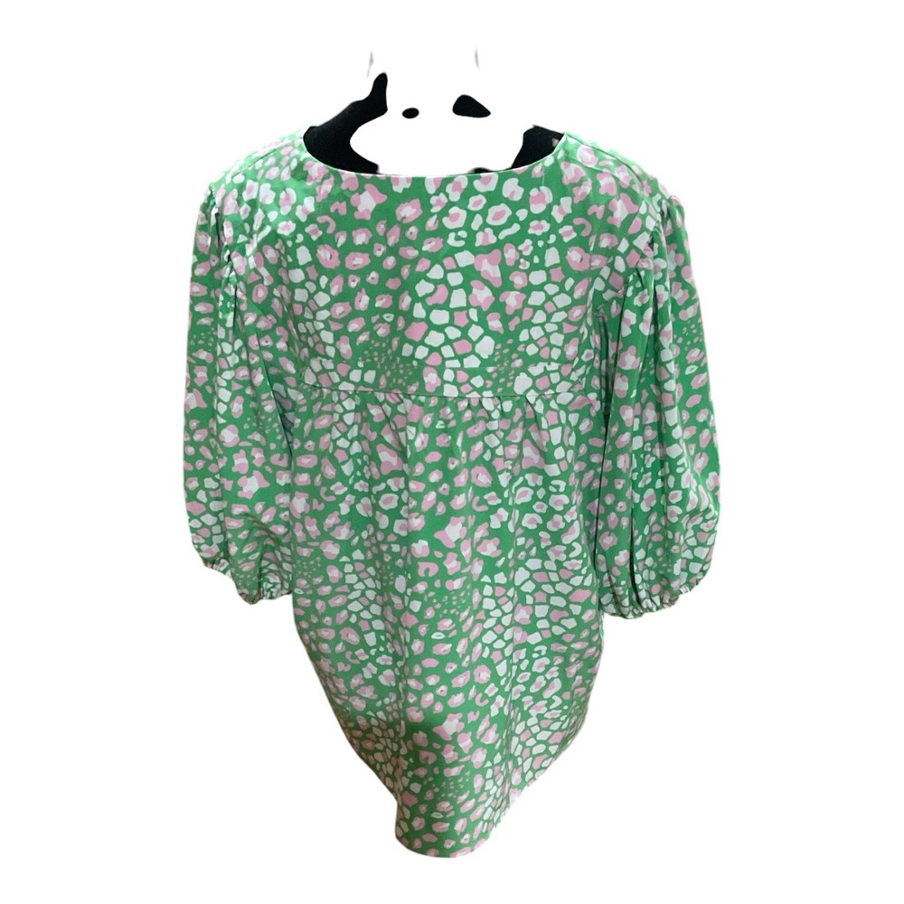 Michelle McDowell Green Pink Leopard Print Tassel Balloon Sleeve Blouse Large - Picture 2 of 5